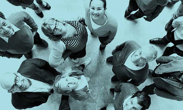 Aerial view of a group of people looking at the camera