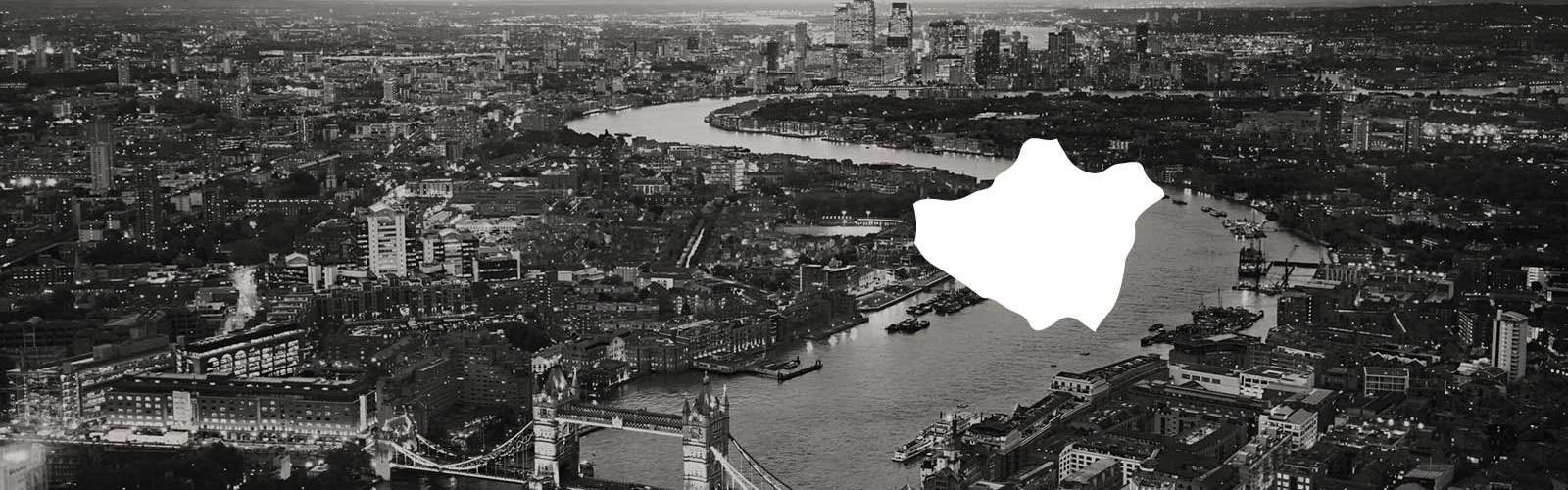Photo of the Thames with a white map of London