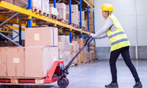 A person pushing a pallet truck