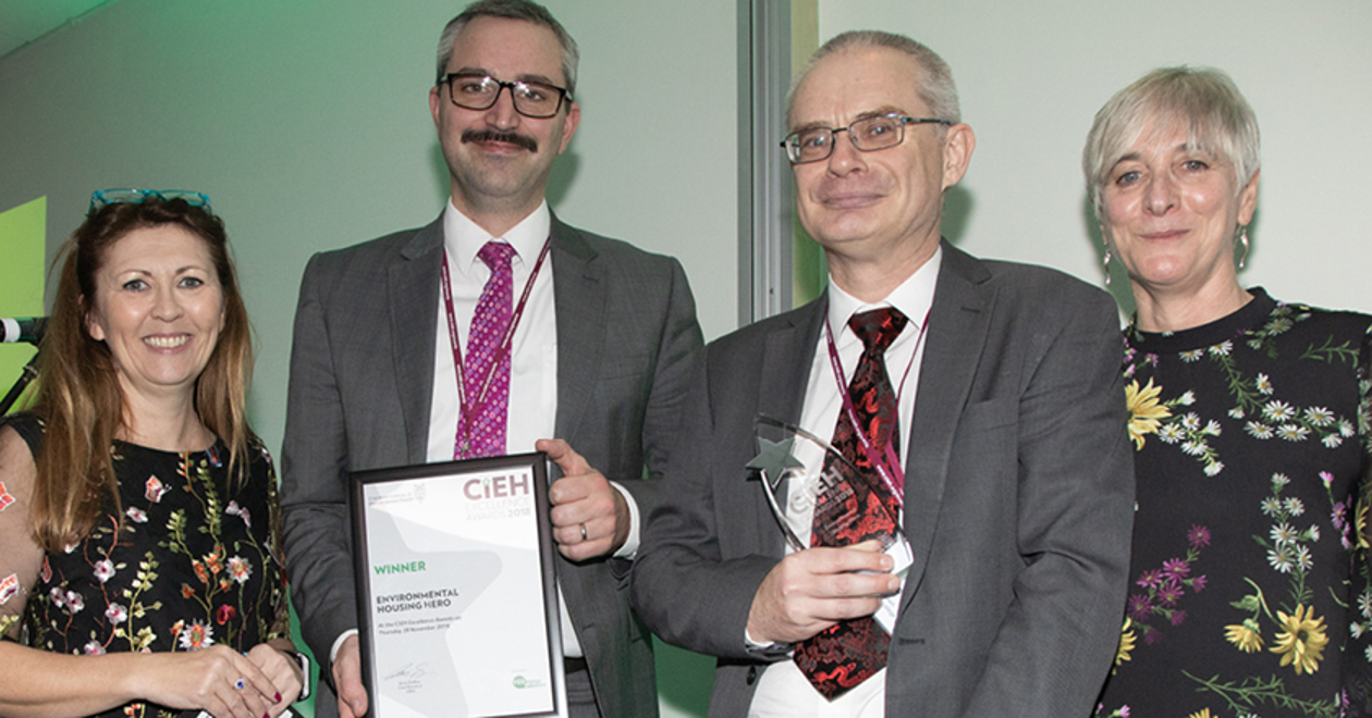 CIEH President Dawn Welham and Chief Executive Anne Godfrey with Phil Gilbert and David Lown, accepting the 2018 winning Environmental Hero (Housing) Excellence Award on behalf of University Centre Weston and the University of the West of England.