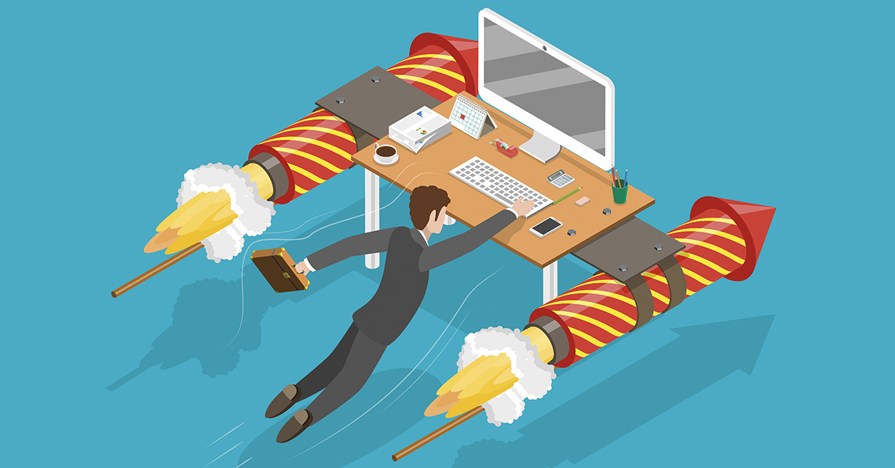 Illustration of a manager and their desk taking flight – with rockets