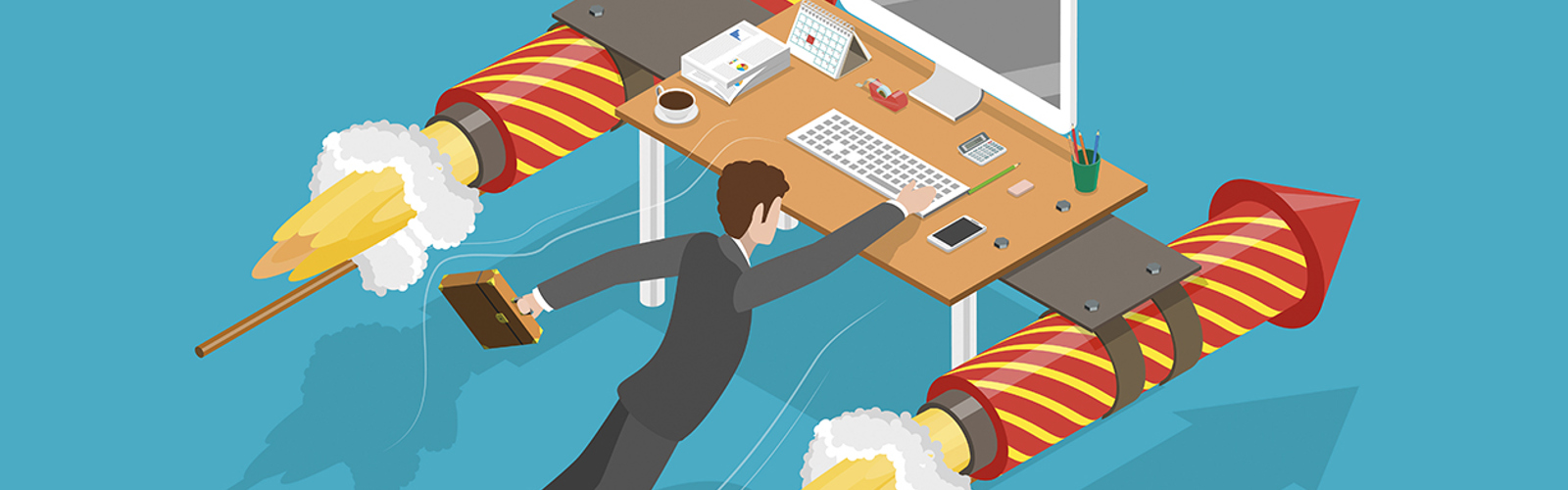 Illustration of a manager and their desk taking flight – with rockets
