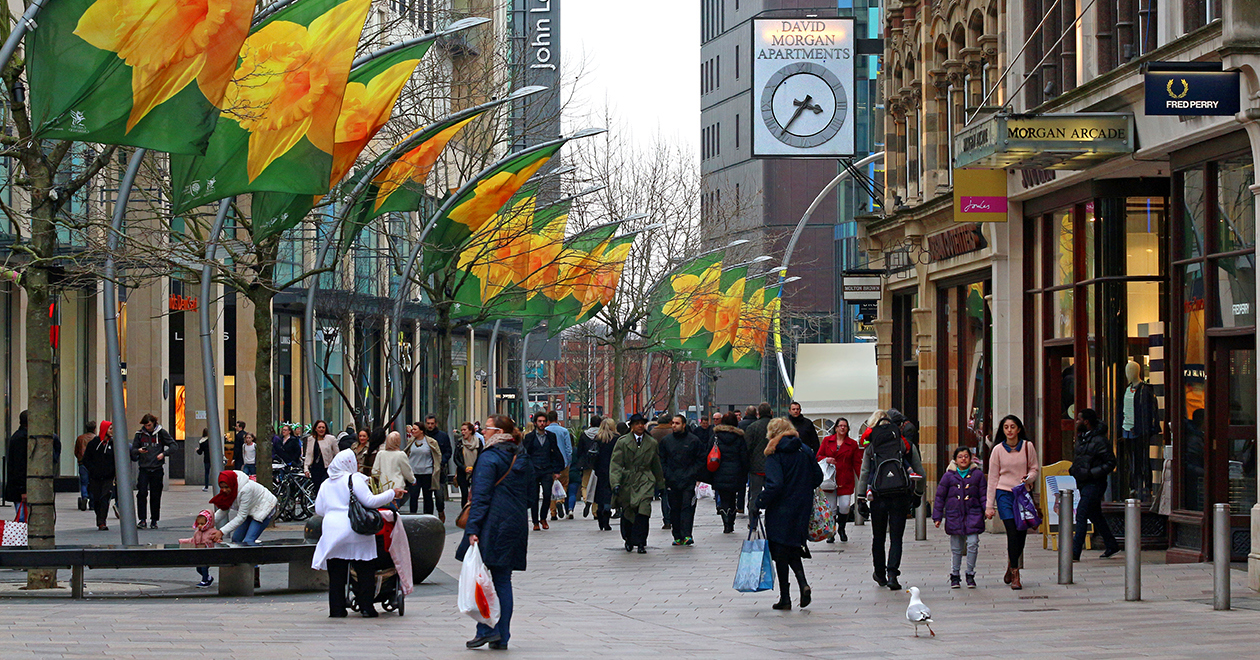 A busy shopping street in Cardiff