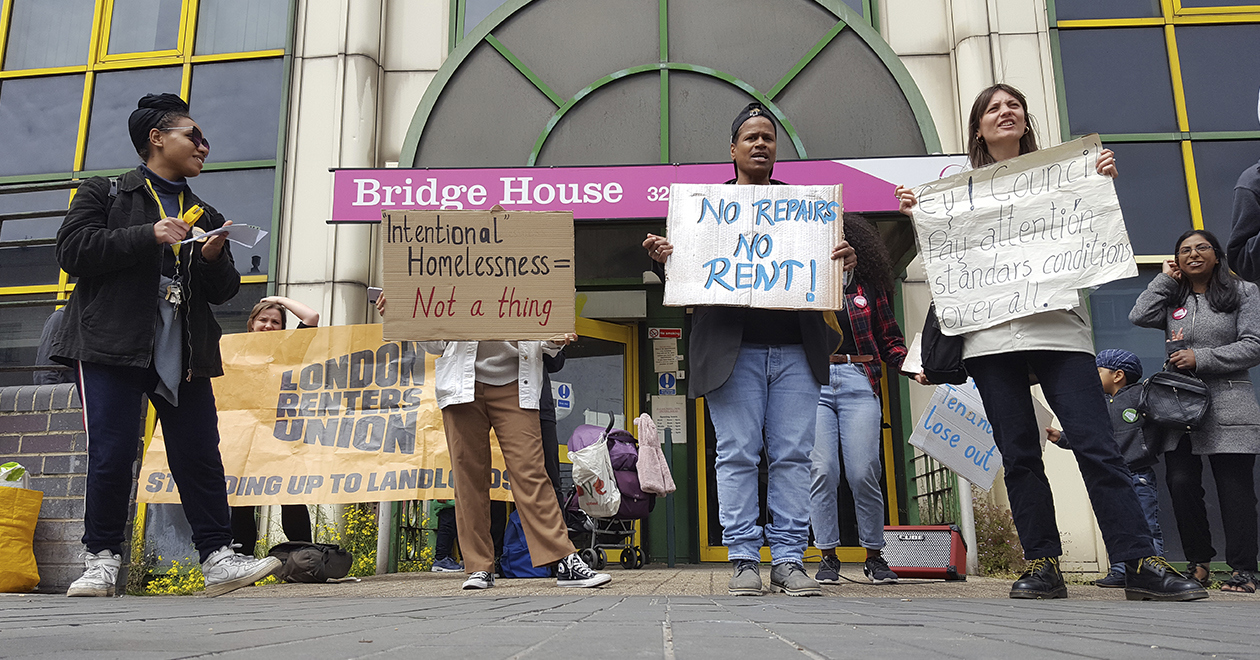 Protesters outside the offices of Newham Council in London