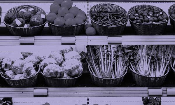 A supermarket shelf of fruit and vegetables