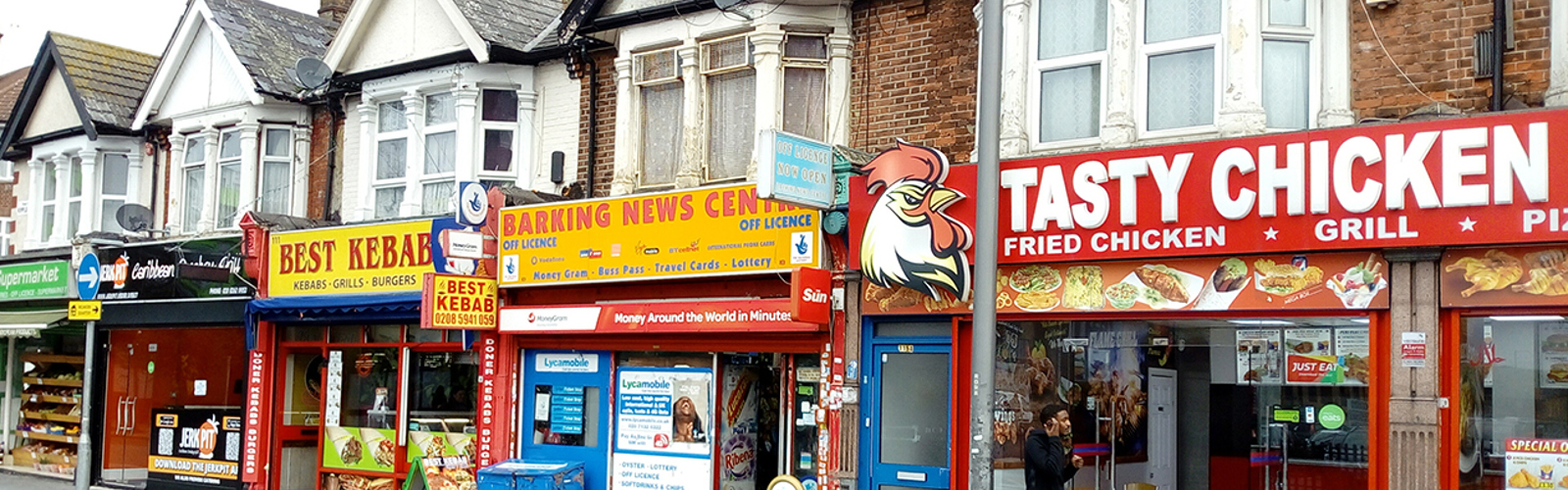 Row of takeaways and shops
