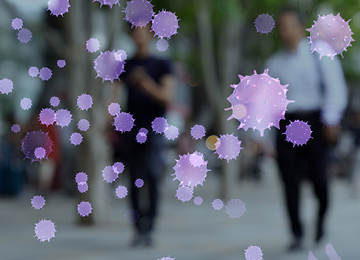 covid virus floating around people walking down the street