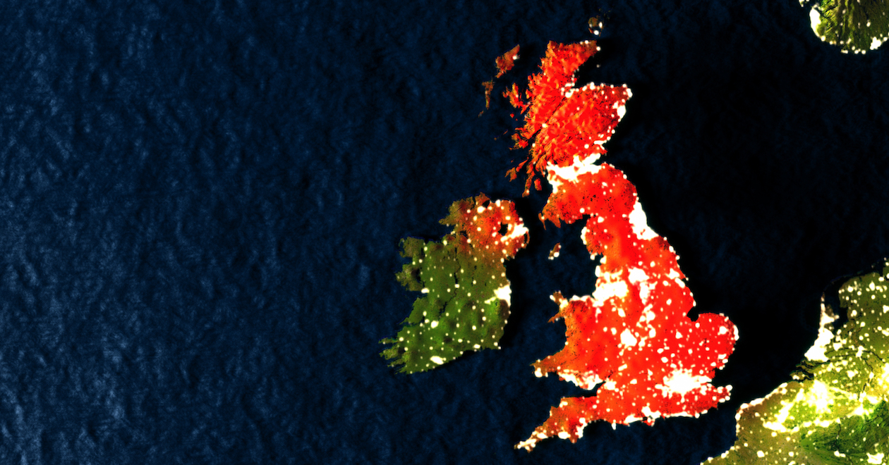 Satellite view of the United Kingdom, with Great Britain and Northern Ireland coloured red