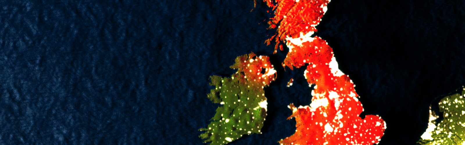 Satellite view of the United Kingdom, with Great Britain and Northern Ireland coloured red