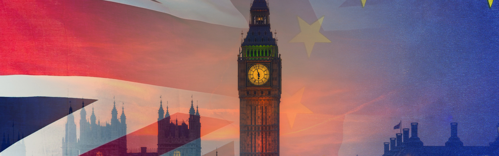 Big Ben tower, with EU and UK flags