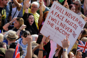 19 September 2020: People gather in Trafalgar Square during a protest against the mandatory use of face masks, the Coronavirus vaccine and the social distancing restrictions.