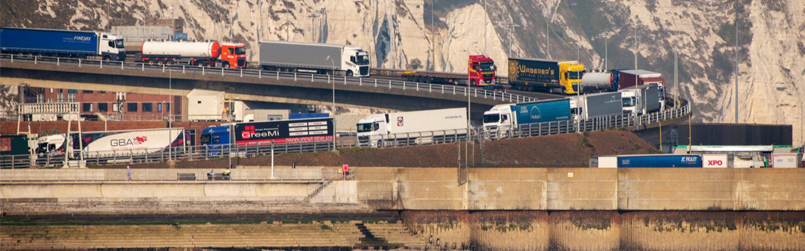 Lorries queue on the A2 to enter the Port of Dover