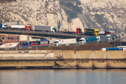 Lorries queue on the A2 to enter the Port of Dover
