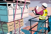 Illustration of a port health officer high up on a cherry picker, inspecting a tower of goods