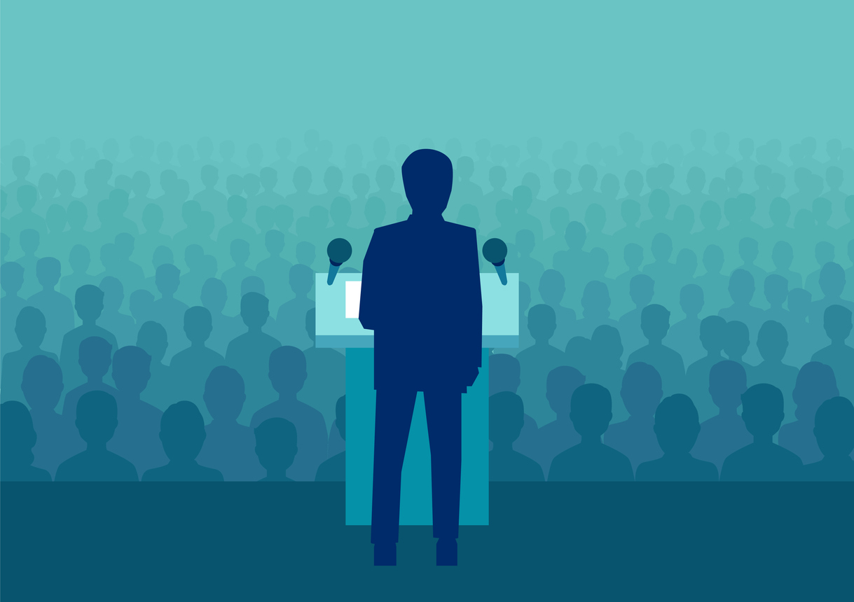 Illustration of a person speaking to a large crowd of people