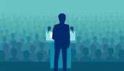 Illustration of a person speaking to a large crowd of people