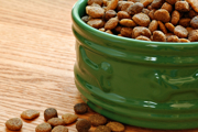 A bowl of dog food on a wooden surface
