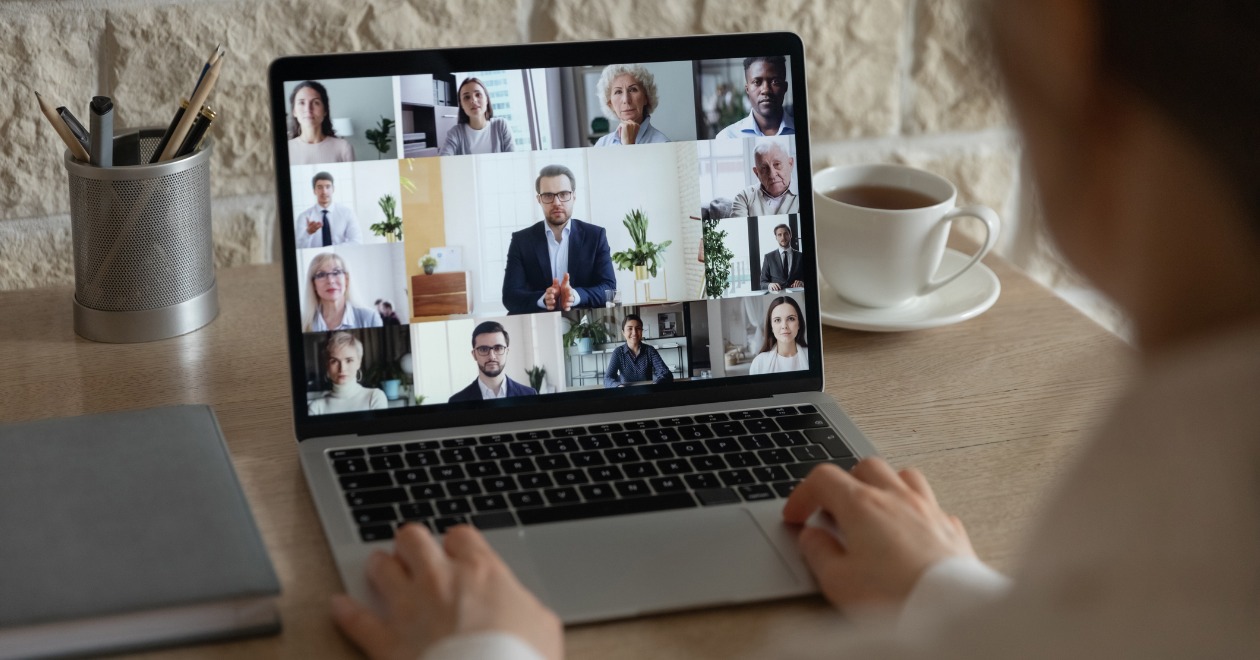 Laptop open on group video call