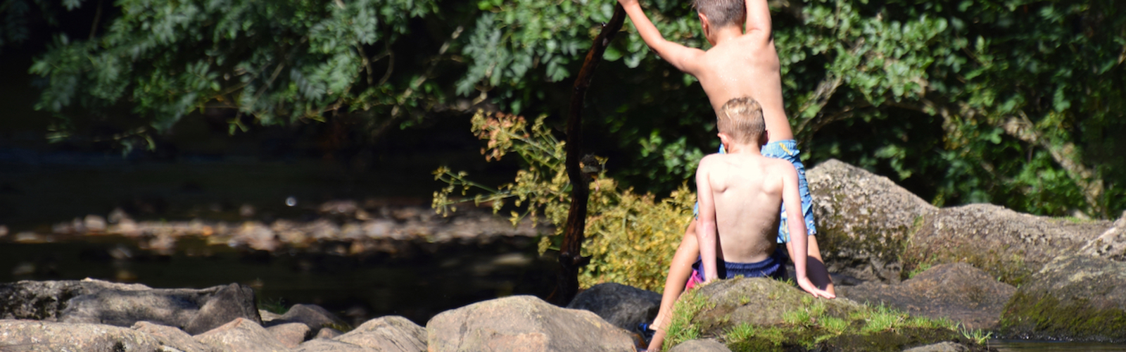 Two boys play with a large stick in a river.