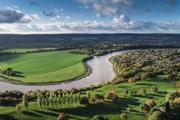 Aerial shot of the River Severn winding through countryside