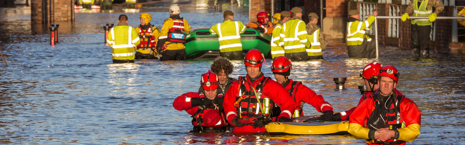 Flood rescue by the British Army and the Mountain Rescue at Queens Staith Road near the Ouse Bridge in York City Centre after heavy rain, on 27 December 2015