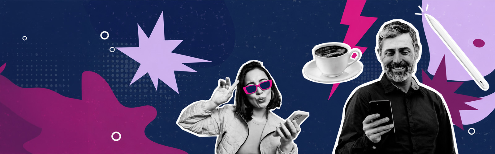 Two people on a colourful abstract background: one making a peace sign while on a phone, and one holding a mobile phone.