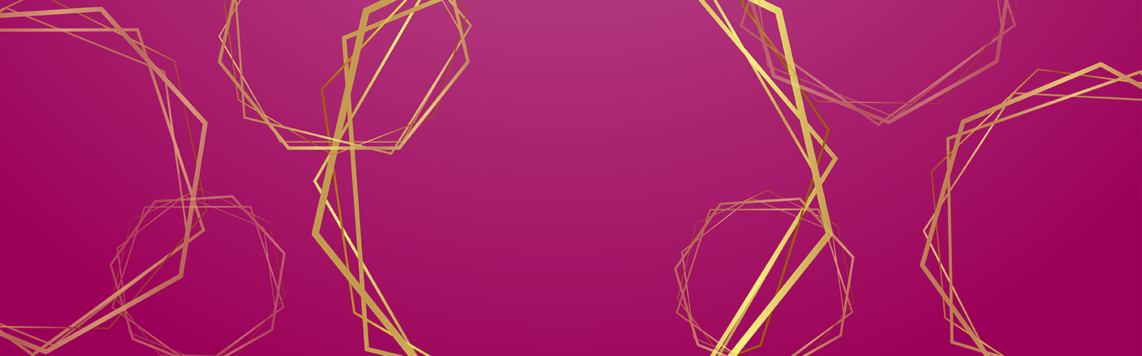 Gold geometric polygon outlines arranged in a pattern on a gradient magenta background.