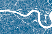 A map of the river Thames in London, blue background with river and roads in white