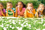 Five children lying down on a lawn full of daisies, facing camera, blowing bubbles