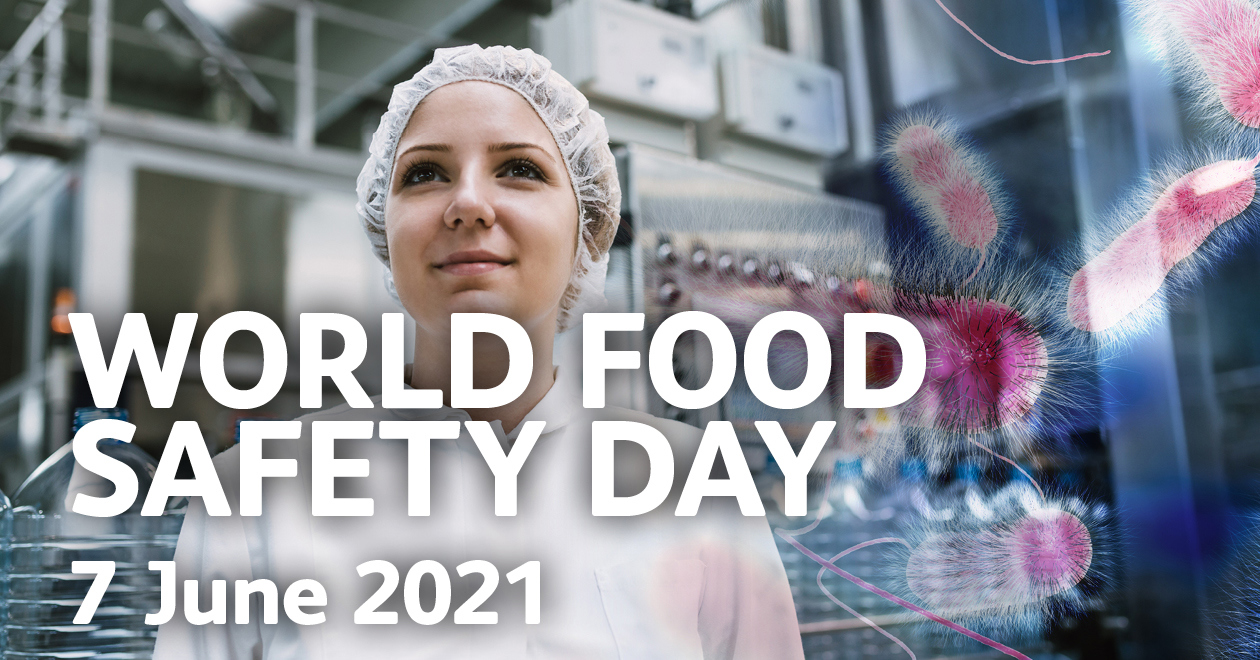 Food safety inspector with animated virus and text 'World Food Safety Day 7 June 2021'