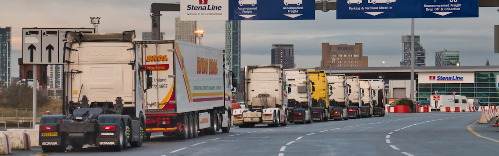 Wirral, UK - Feb 6 2021: Lorry tractor units queuing at the Stena Line roll on-roll off Liverpool to Belfast ferry terminal in Birkenhead on the River Mersey