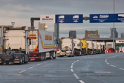 Wirral, UK - Feb 6 2021: Lorry tractor units queuing at the Stena Line roll on-roll off Liverpool to Belfast ferry terminal in Birkenhead on the River Mersey