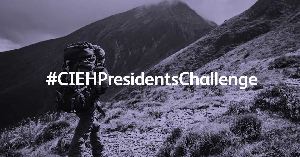 Person walking up a mountain with the words 'CIEHPresidentsChallenge'.
