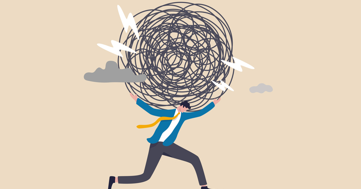 Illustration of a man struggling under the weight of a tangled cloud.