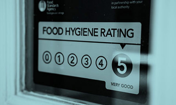 Food hygiene rating sticker in a window