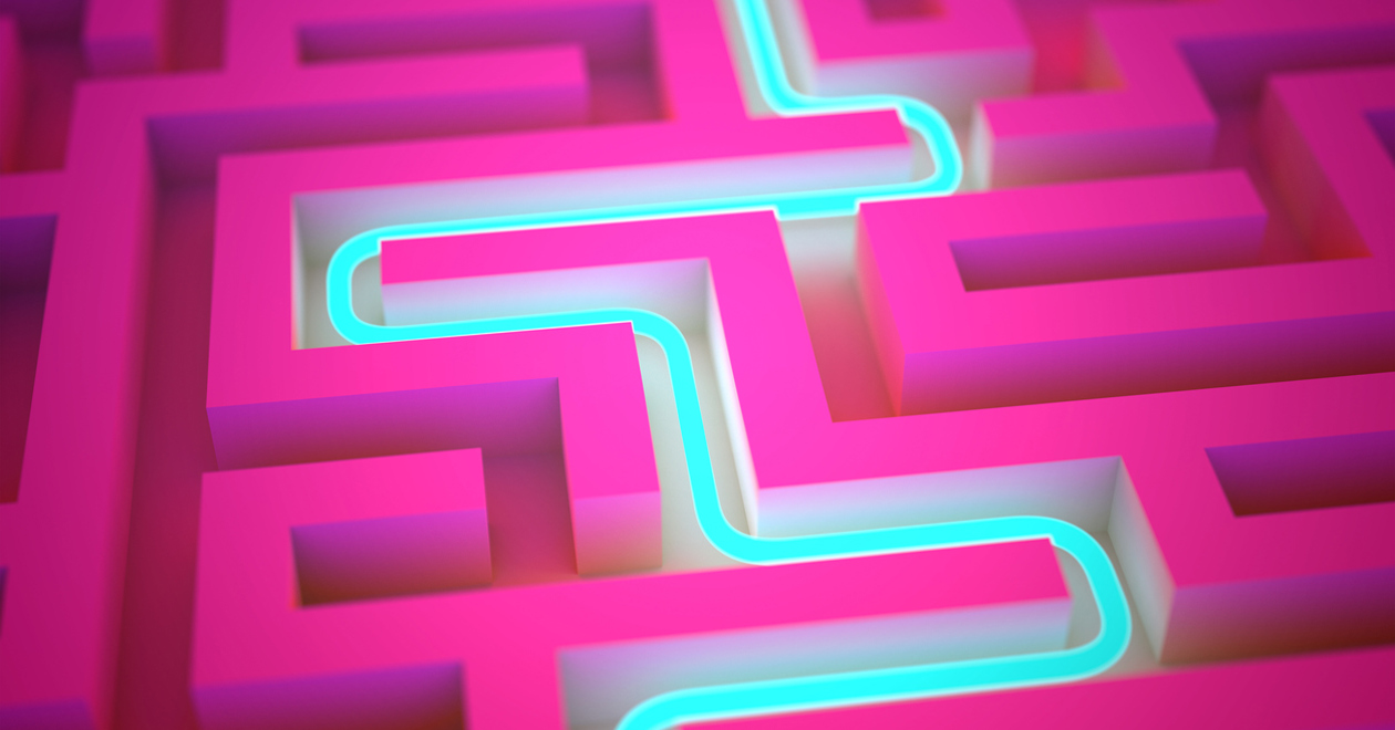 Blue neon path across endless labyrinth