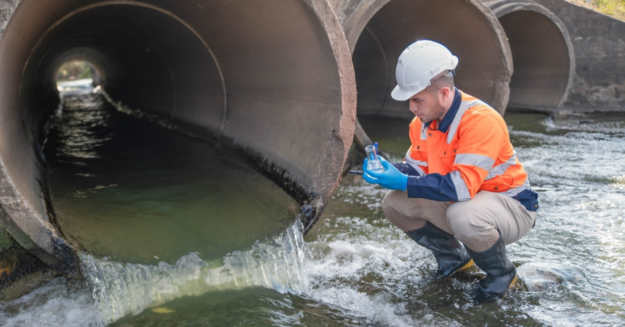 Water flowing through a large pipe being examined