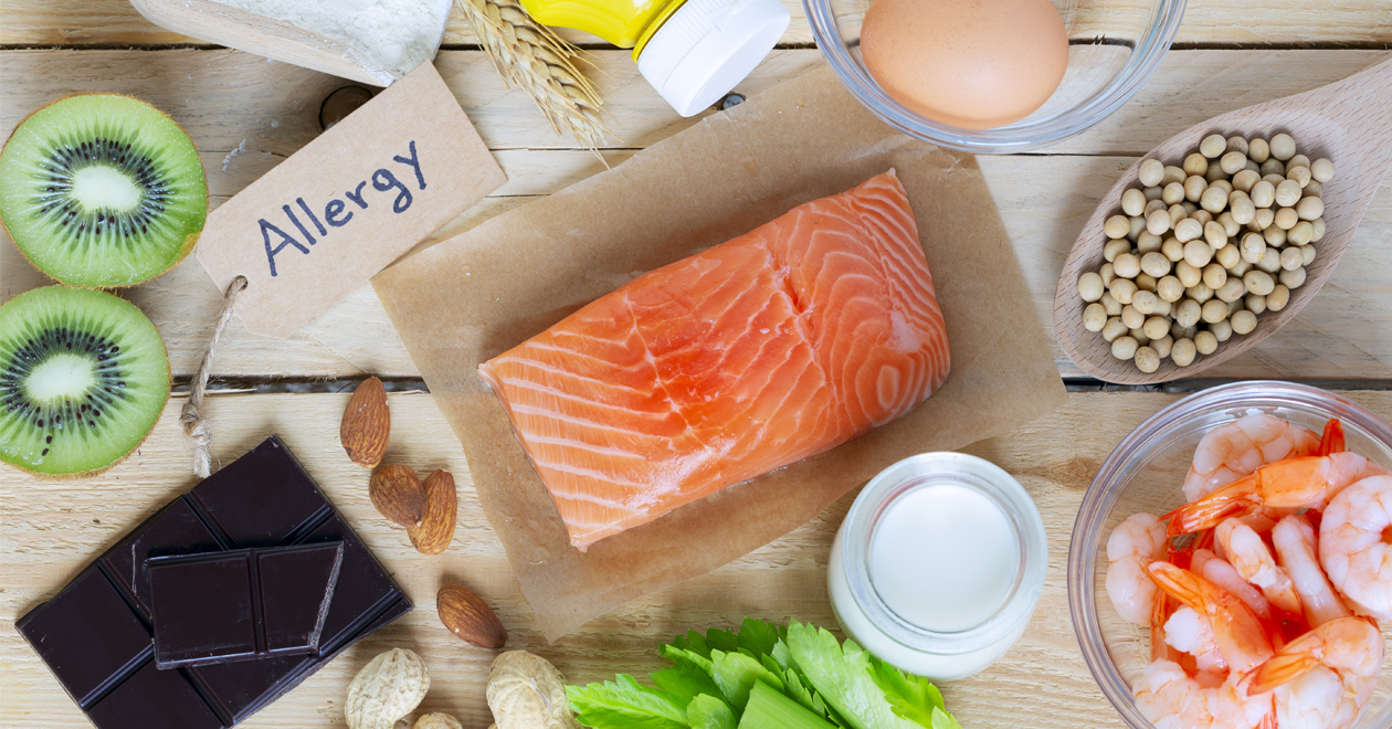 Composition with common food allergens including egg, milk, soya, nuts, fish, seafood, wheat flour, mustard, dried apricots and celery