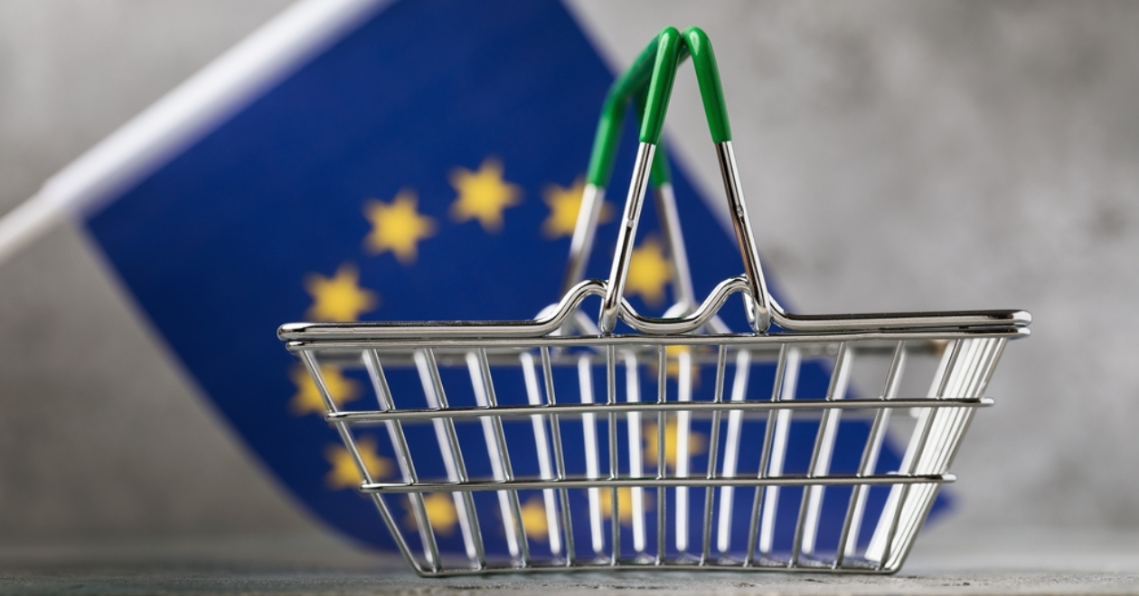 Empty grocery basket on the background of the EU flag, food crisis concept
