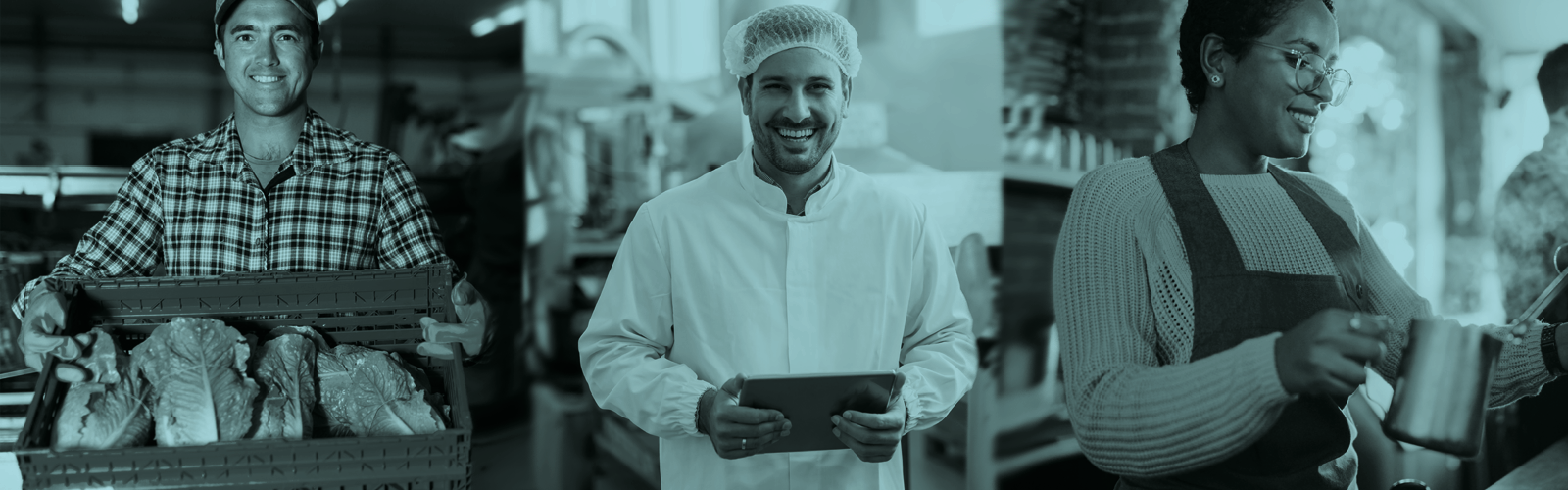 Photos of people working in food safety: One person is holding a crate of vegetables, one person is using a tablet and one person is making coffee.