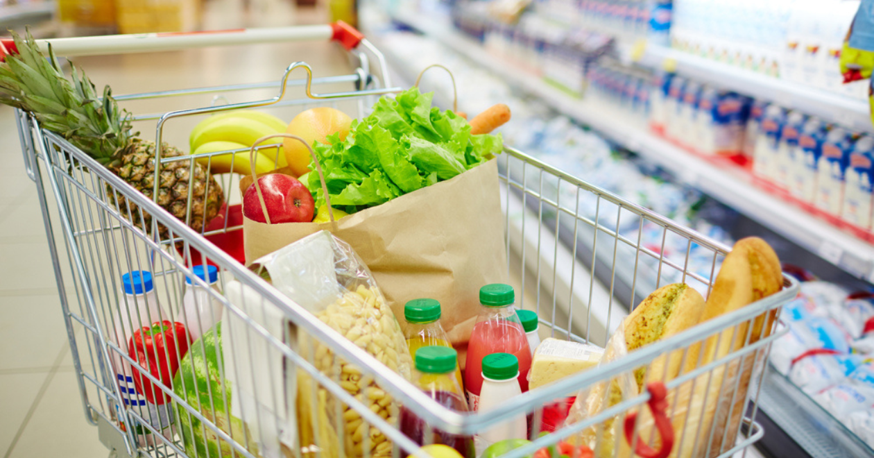 Trolley of food in supermarket
