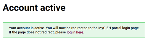Portal registration account active screen